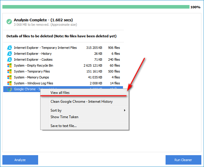 Выбрать View all files в меню CCleaner