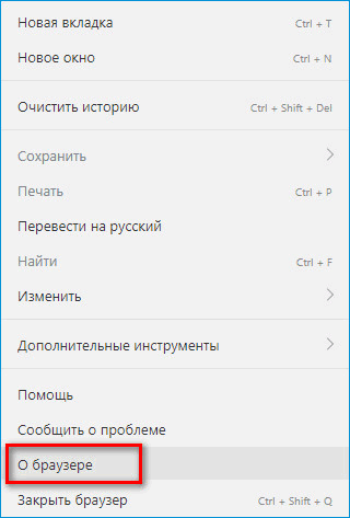 Раздел о браузере в Яндекс Браузере