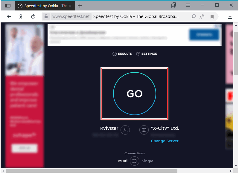 Кнопка начала проверки на Speedtest Кнопка начала проверки на Speedtest