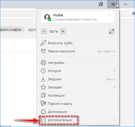 Дополнительно в Меню Яндекс Браузер