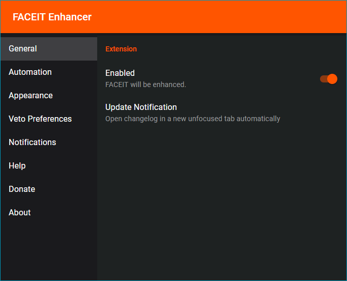 Главные настройки расширения FACEIT Enhancer