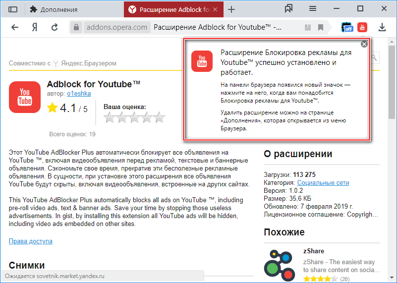 Информационное окно расширения Adblock for Youtube