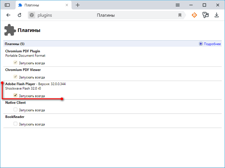 Интегрированный в Яндекс.Браузер плагин Flash Player