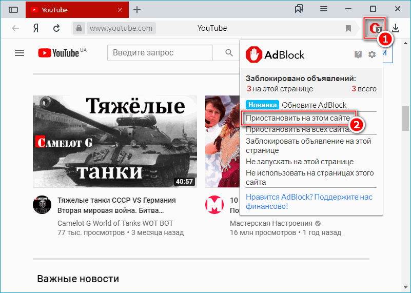 Кнопка приостановить на этом сайте Adblock