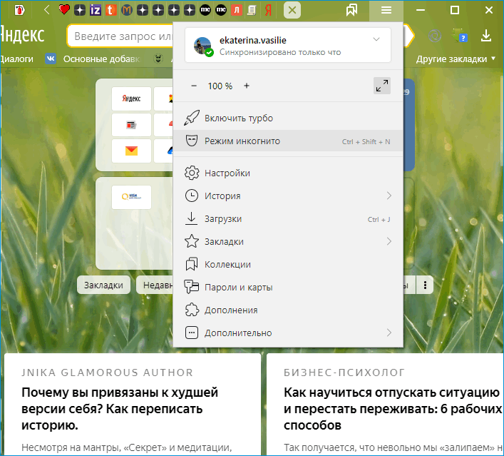 Меню Яндекс Браузера