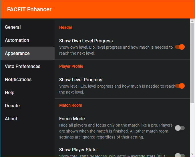 Настройки интерфейса расширения FACEIT Enhancer