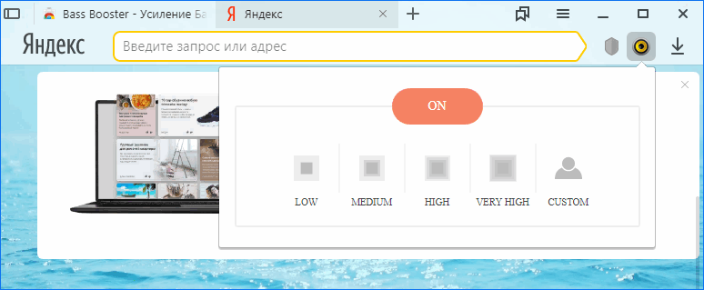 Панель управления расширения Басс Бустер Панель управления расширения Басс Бустер