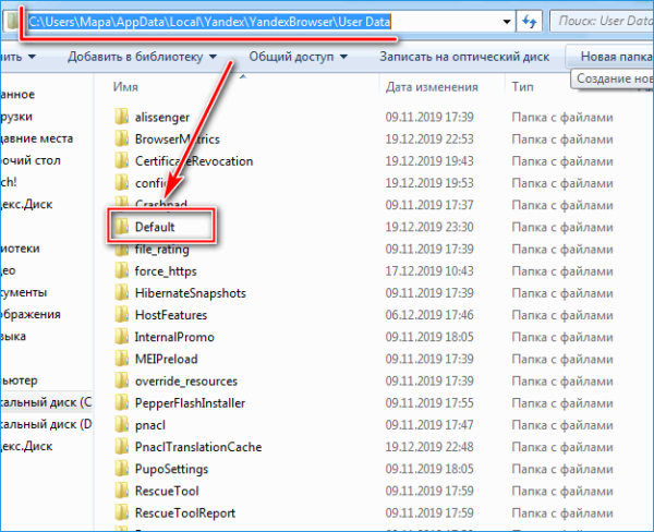 Папка с историей Яндекс браузера на ПК