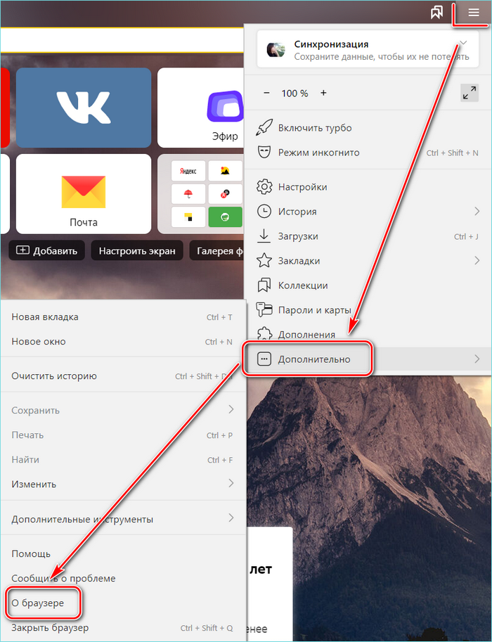 Пункт о браузере в Яндекс браузер