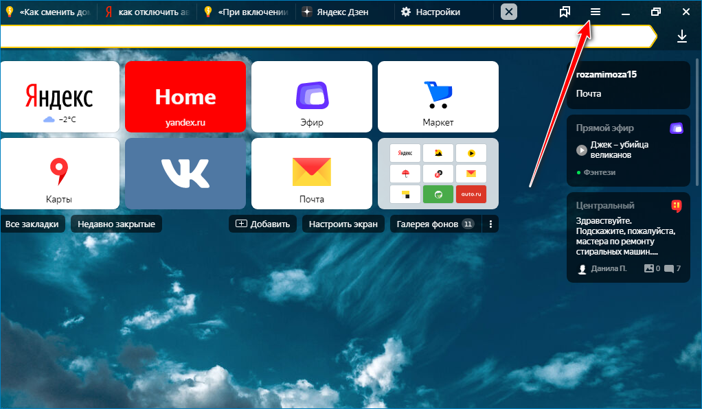Раздел настроек в браузере Яндекс