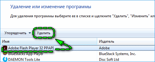 Удаление Adobe flash player через панель управления