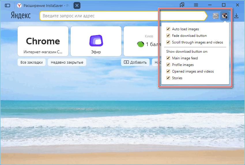 Установленный Инстасейвер в Яндекс Браузер Установленный Инстасейвер в Яндекс Браузер