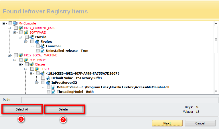 Выбор всех записей реестра в Revo Uninstaller Выбор всех записей реестра в Revo Uninstaller